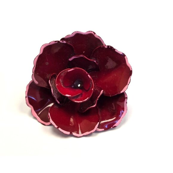 Vintage Red Enamel Rose Flower Brooch  With Pink Edges & Gold-Toned Backing RARE - Picture 5 of 5